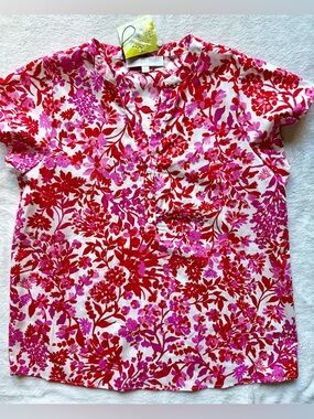 Sugarlips Pink and Red Floral Short Sleeve Blouse